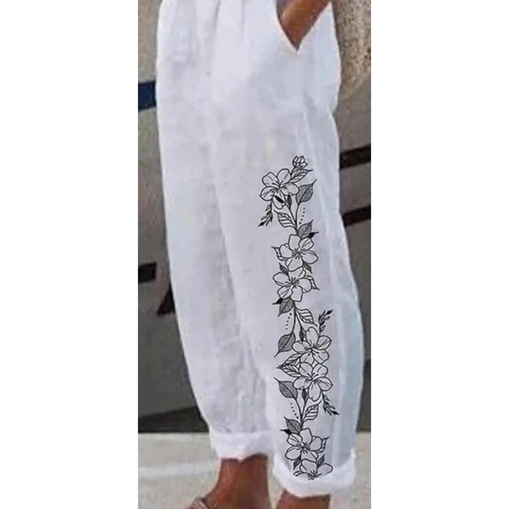 Women's Elastic Waist Ankle Length Pants Embroidered White Summer Casual Boating